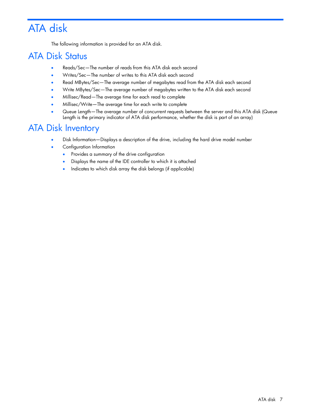 HP Essential Perforance Management Pack 4.2 350813-005 manual ATA disk, ATA Disk Status, ATA Disk Inventory 