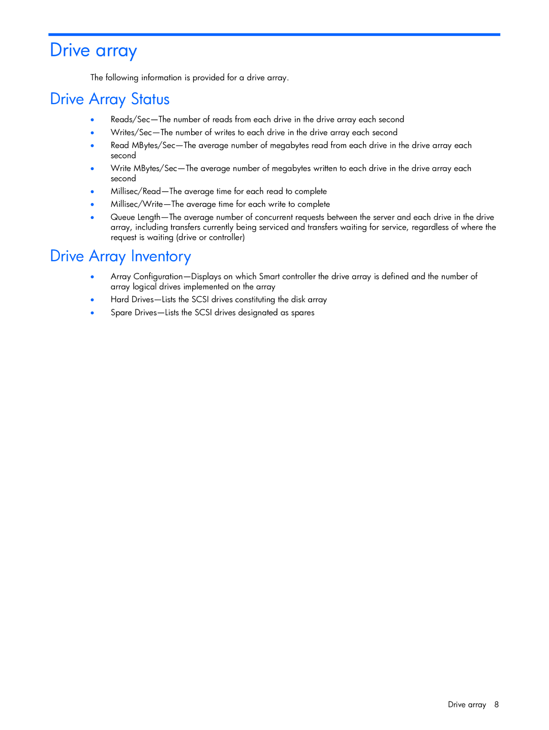 HP Essential Perforance Management Pack 4.2 350813-005 manual Drive array, Drive Array Status, Drive Array Inventory 