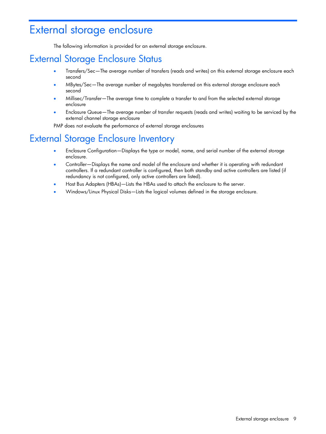 HP Essential Perforance Management Pack 4.2 350813-005 manual External storage enclosure, External Storage Enclosure Status 