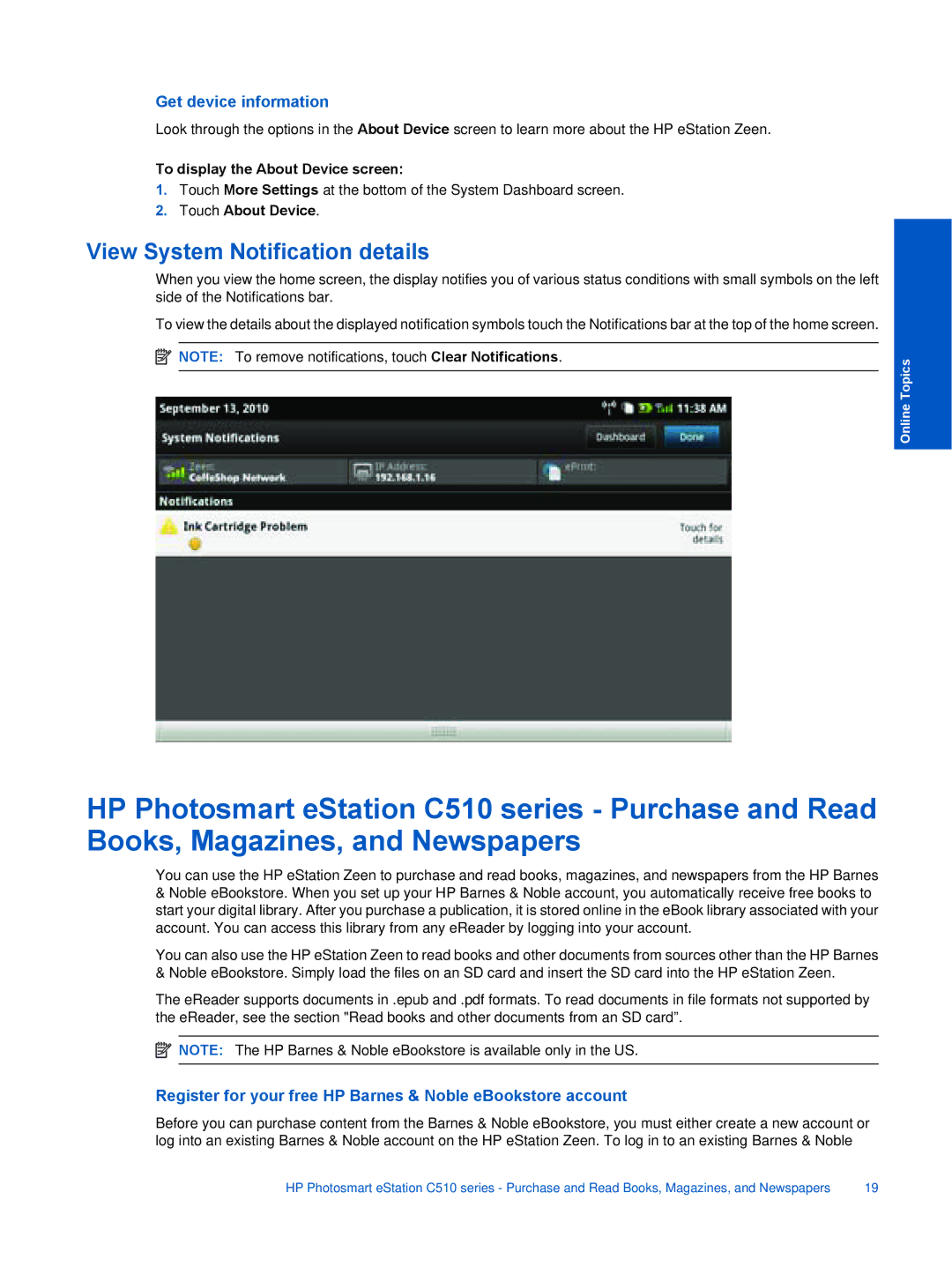 HP eStation C510A CQ140A#B1H View System Notification details, Get device information, To display the About Device screen 