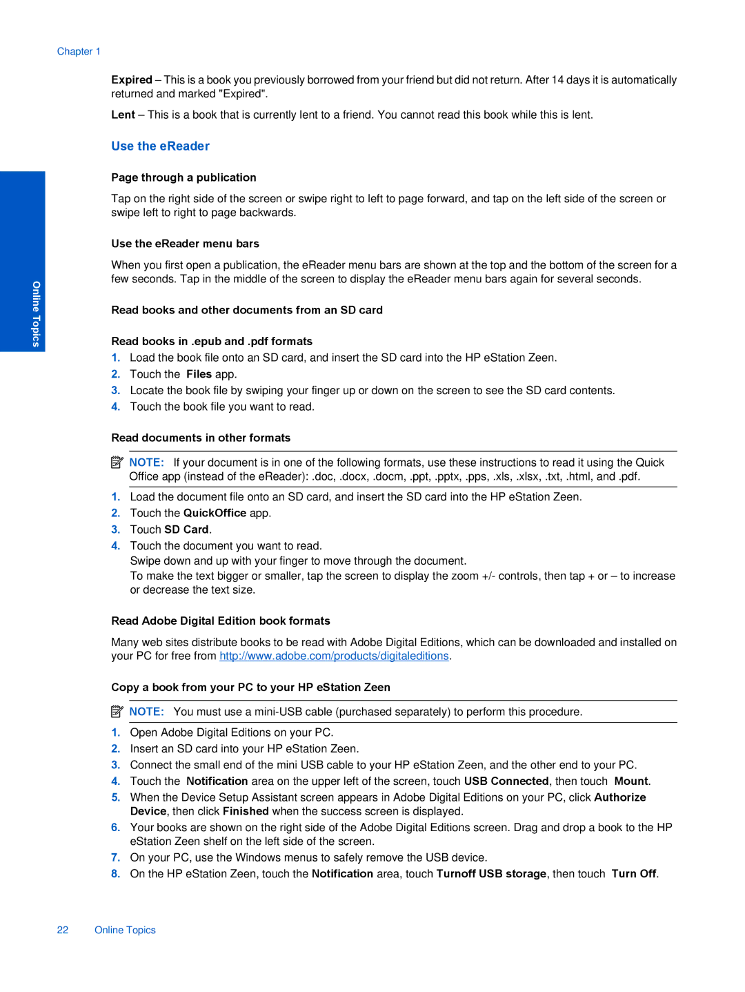 HP ESTATION C510 Through a publication, Use the eReader menu bars, Read books and other documents from an SD card 