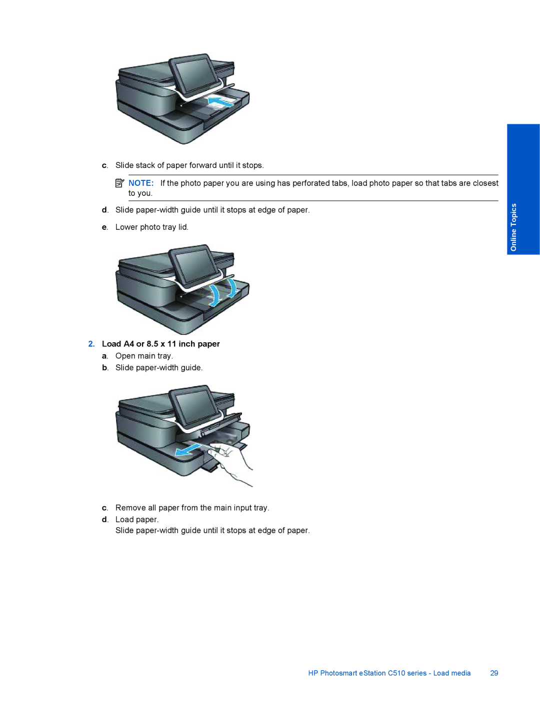 HP eStation C510A CQ140A#B1H, ESTATION C510 manual Load A4 or 8.5 x 11 inch paper a. Open main tray 