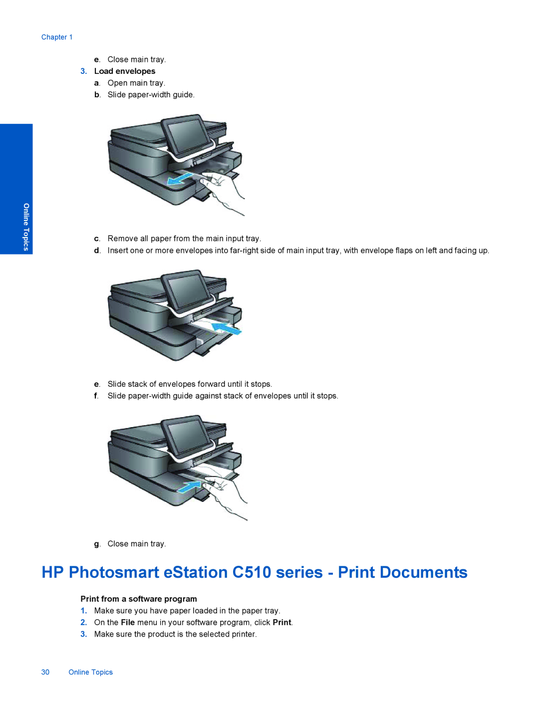 HP ESTATION C510 manual HP Photosmart eStation C510 series Print Documents, Load envelopes, Print from a software program 