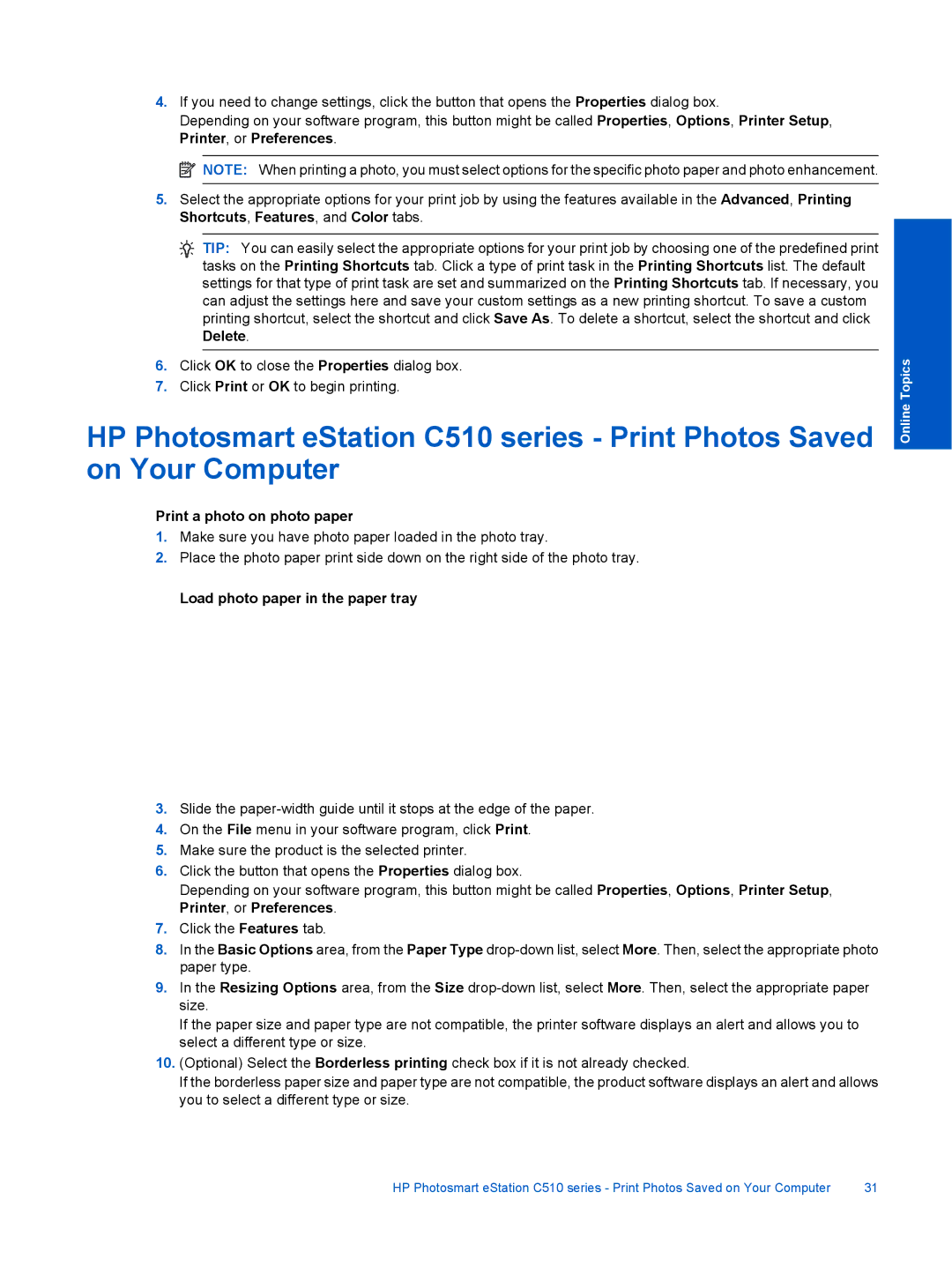 HP eStation C510A CQ140A#B1H, ESTATION C510 manual Print a photo on photo paper, Load photo paper in the paper tray 