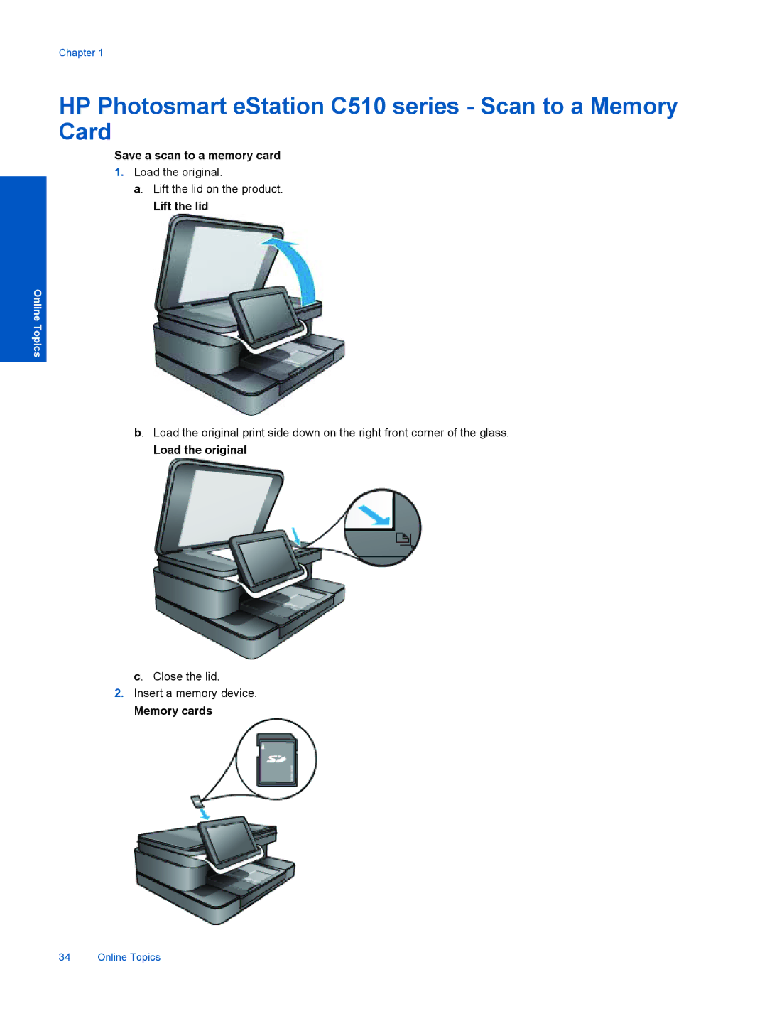 HP ESTATION C510 HP Photosmart eStation C510 series Scan to a Memory Card, Save a scan to a memory card, Memory cards 