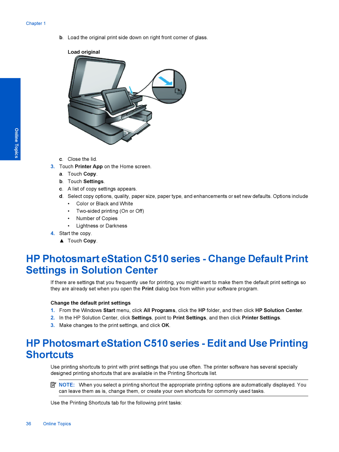 HP ESTATION C510, eStation C510A CQ140A#B1H manual Load original, Touch Settings, Change the default print settings 