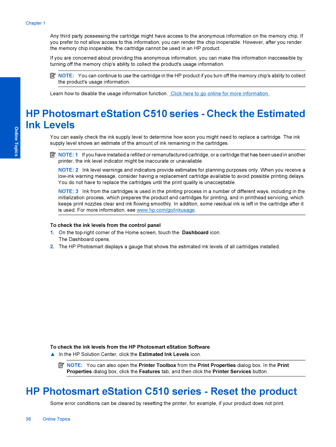 HP ESTATION C510 HP Photosmart eStation C510 series Reset the product, To check the ink levels from the control panel 