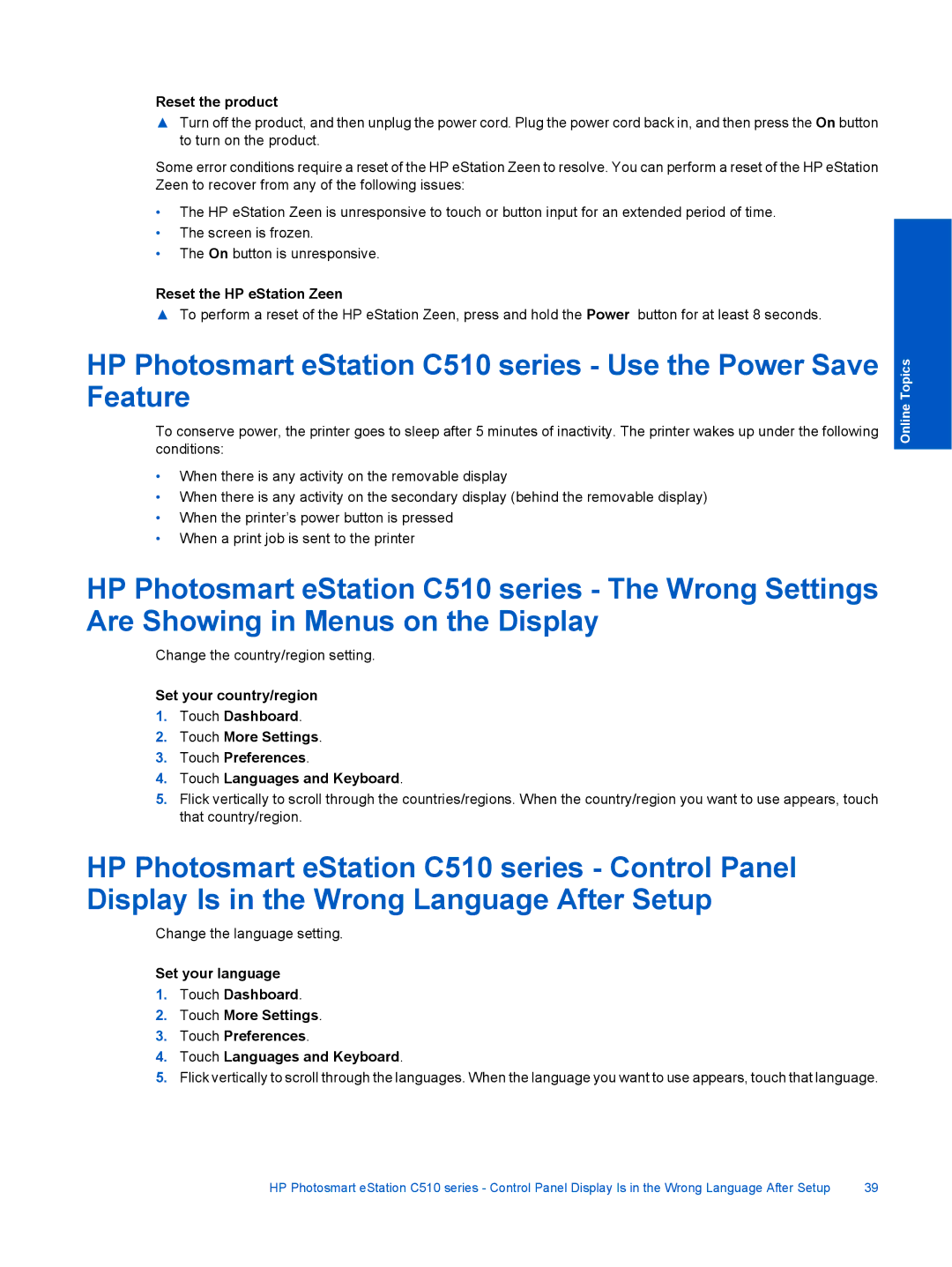 HP eStation C510A CQ140A#B1H, ESTATION C510 manual Reset the product, Reset the HP eStation Zeen 