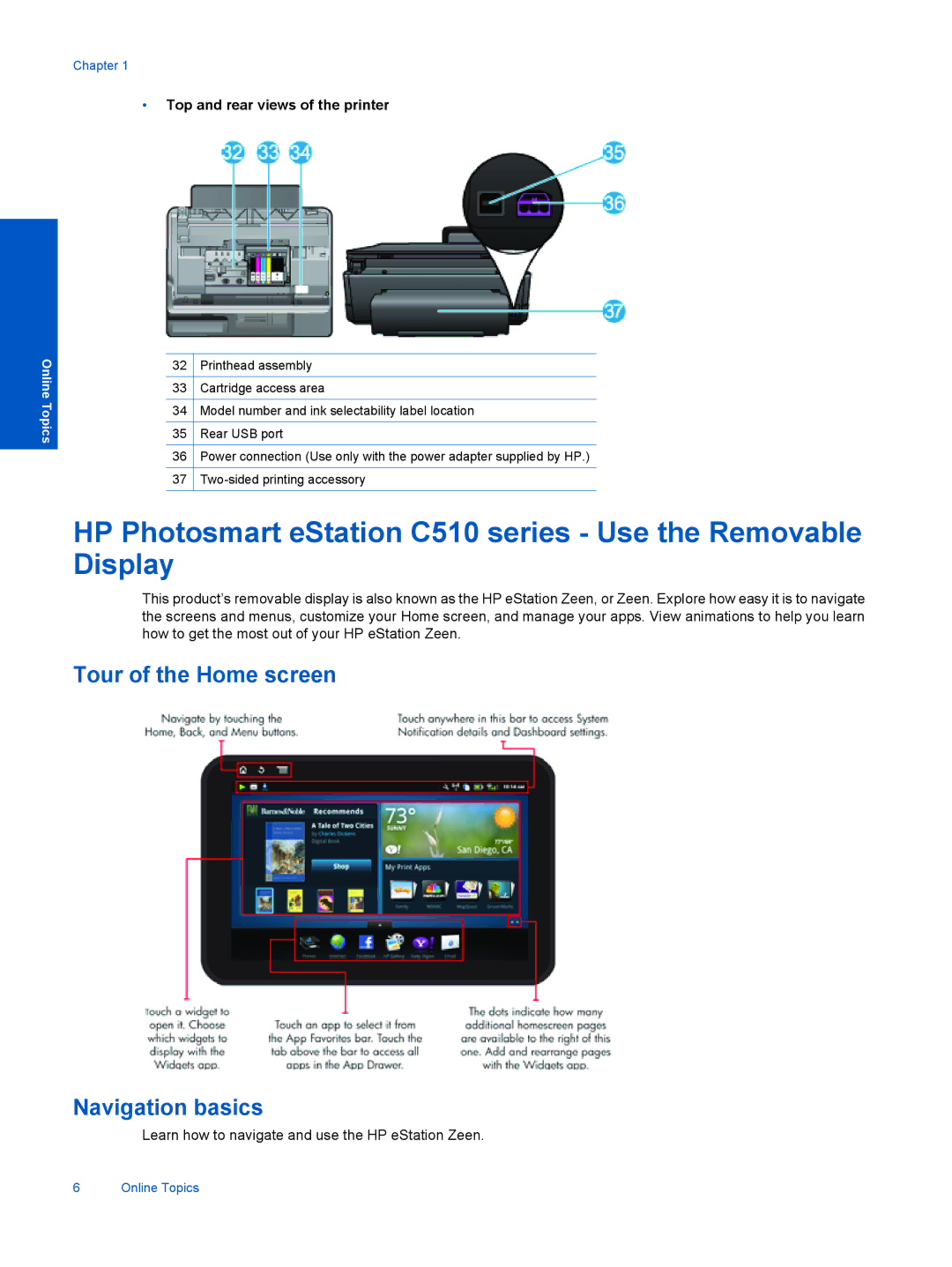 HP ESTATION C510, eStation C510A CQ140A#B1H Tour of the Home screen Navigation basics, Top and rear views of the printer 