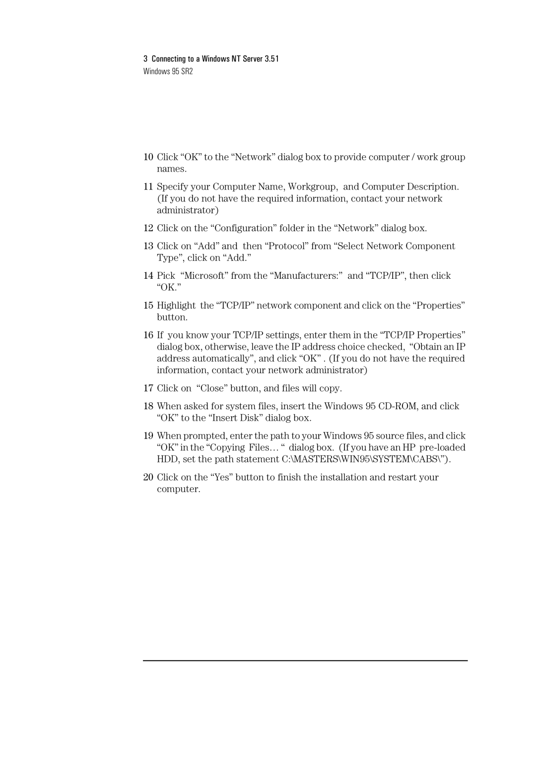 HP Ether Express Pro/10 +ISA LA8205B manual Connecting to a Windows NT Server 3.51 Windows 95 SR2 