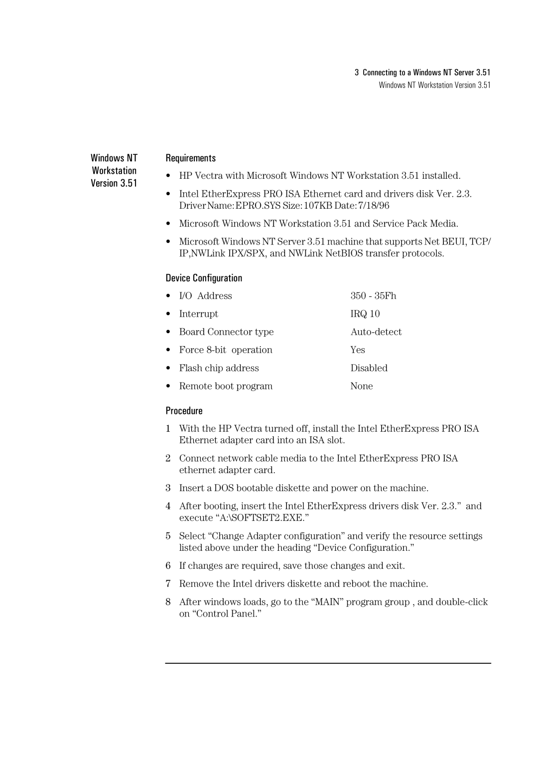 HP Ether Express Pro/10 +ISA LA8205B manual Windows NT Workstation Version Requirements 