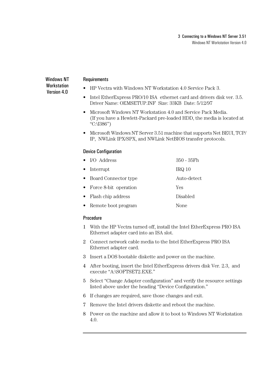 HP Ether Express Pro/10 +ISA LA8205B manual Windows NT Workstation Version Requirements 