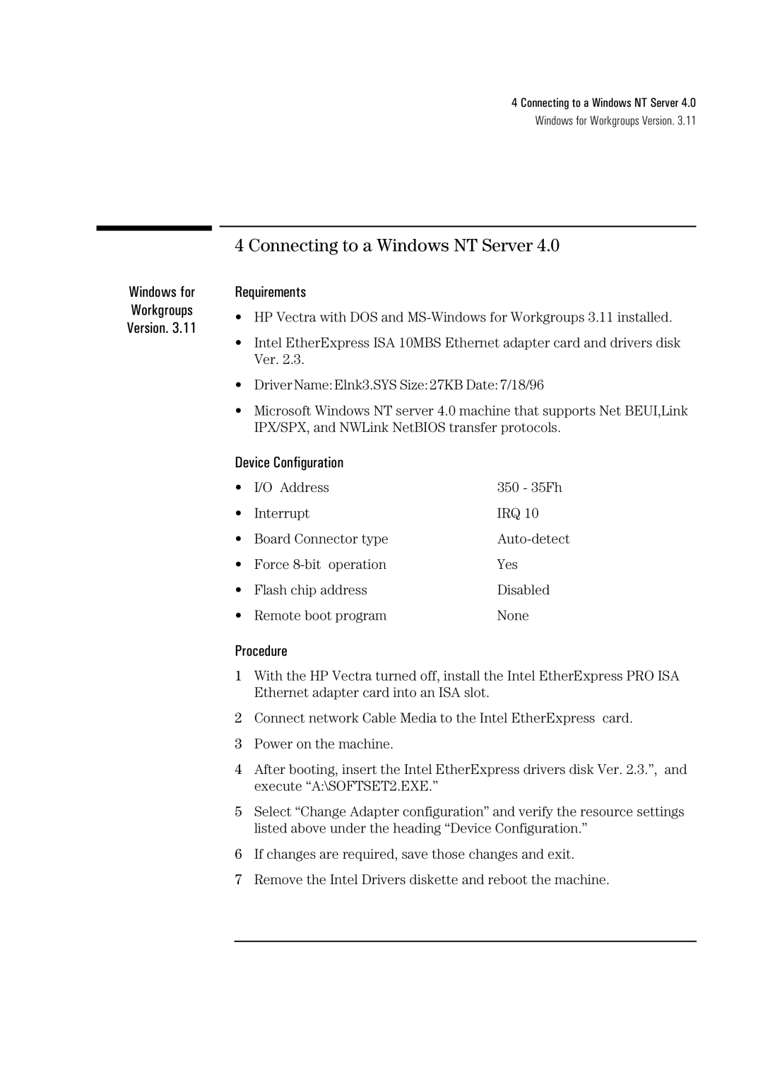 HP Ether Express Pro/10 +ISA LA8205B manual Windows for Workgroups Version 