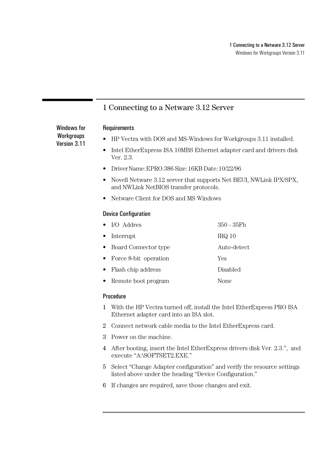 HP Ether Express Pro/10 +ISA LA8205B manual Connecting to a Netware 3.12 Server 