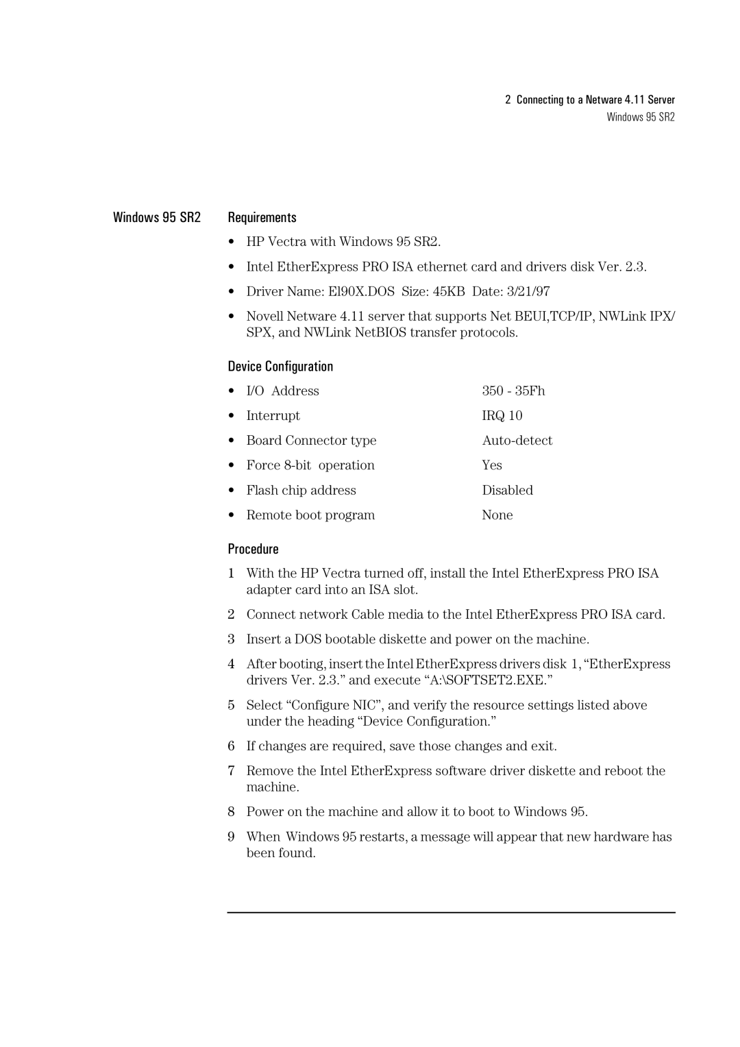 HP Ether Express Pro/10 +ISA LA8205B manual Connecting to a Netware 4.11 Server Windows 95 SR2 