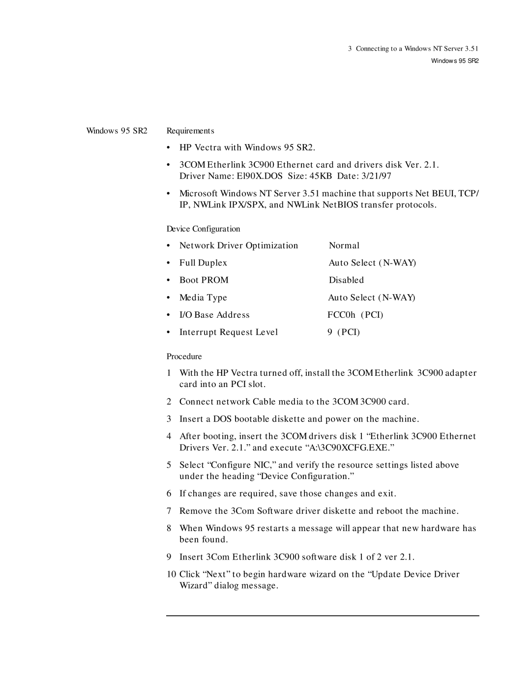 HP ETHERLINK XL 3C900 manual HP Vectra with Windows 95 SR2 