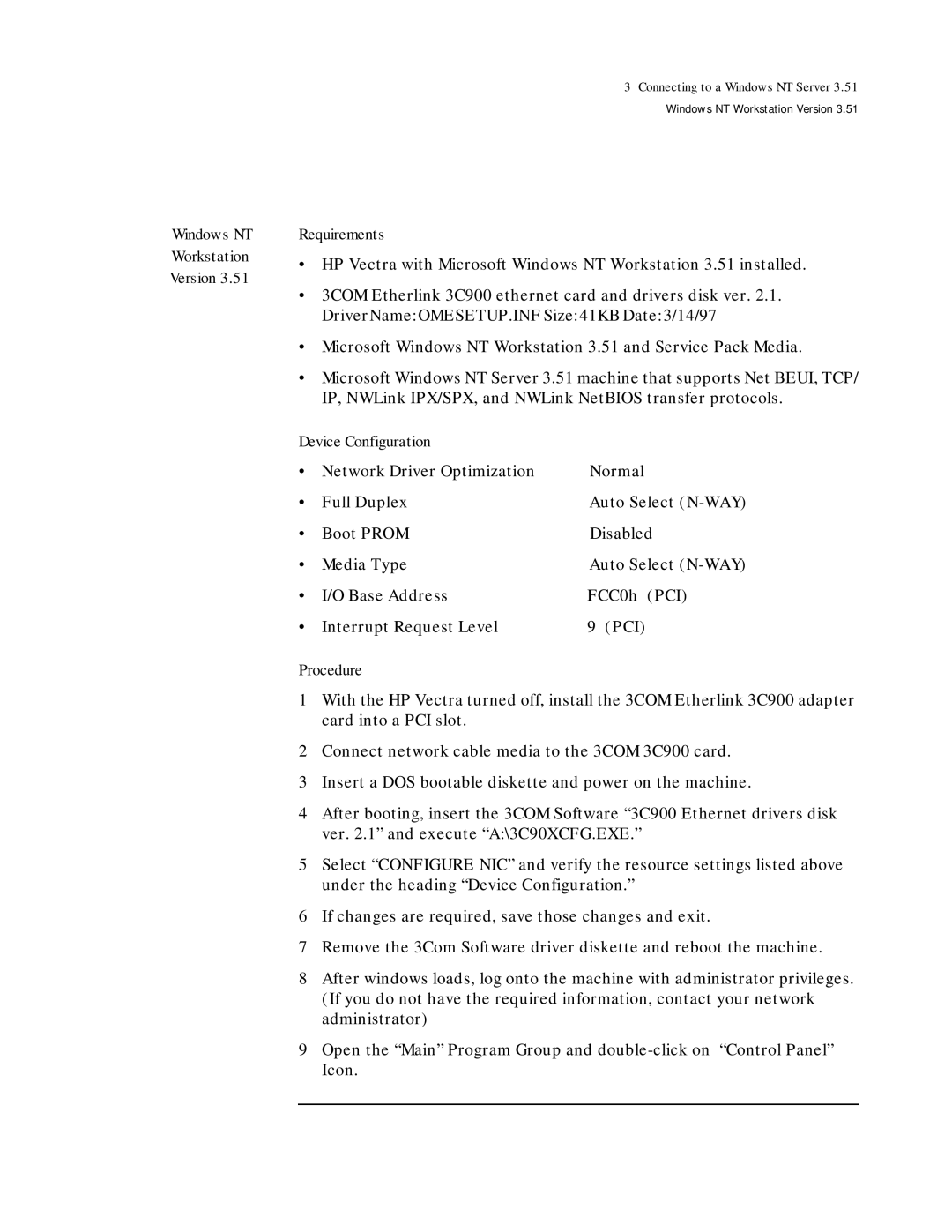 HP ETHERLINK XL 3C900 manual Windows NT Workstation Version Requirements 