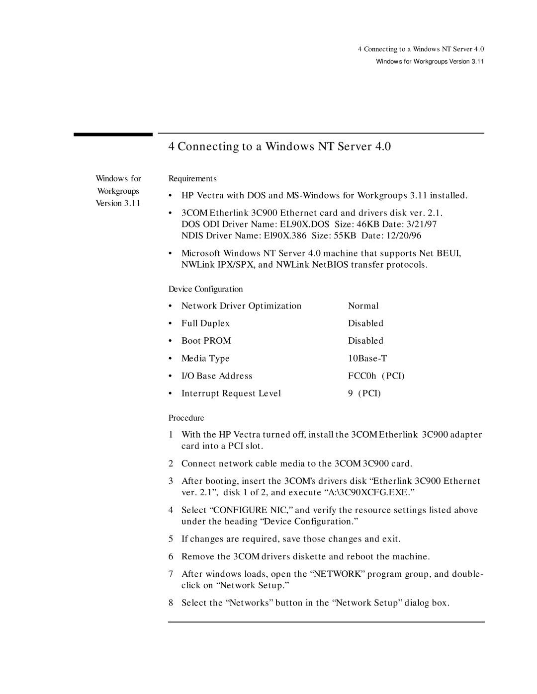 HP ETHERLINK XL 3C900 manual Connecting to a Windows NT Server 