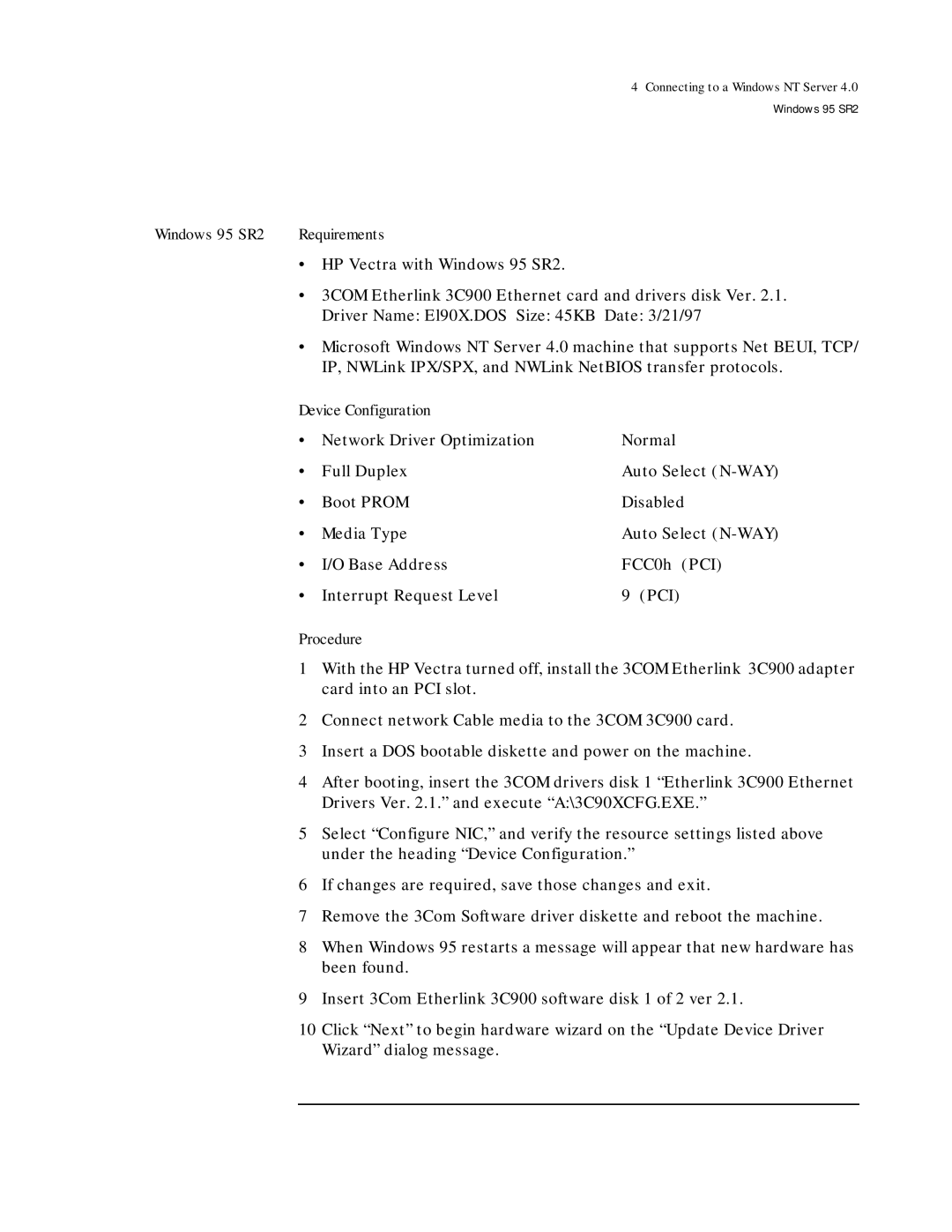 HP ETHERLINK XL 3C900 manual Windows 95 SR2 Requirements 