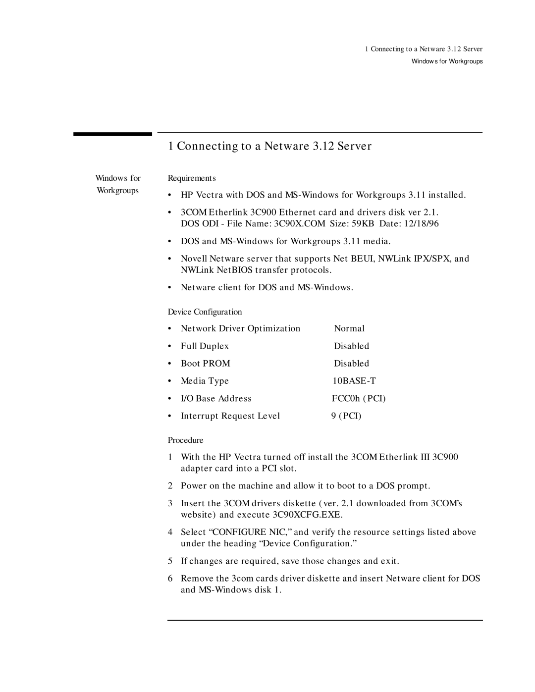 HP ETHERLINK XL 3C900 manual Connecting to a Netware 3.12 Server 