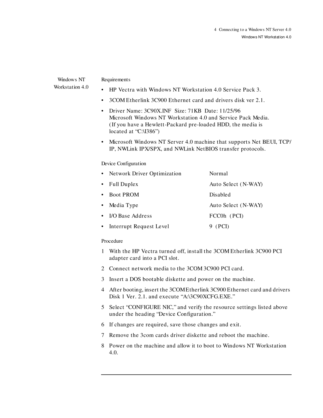 HP ETHERLINK XL 3C900 manual Windows NT Workstation Requirements 