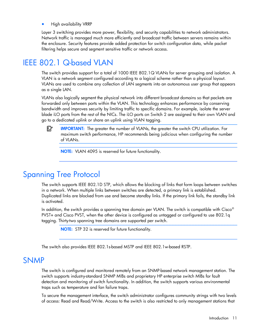 HP Ethernet BL-c manual Ieee 802.1 Q-based Vlan, Spanning Tree Protocol 