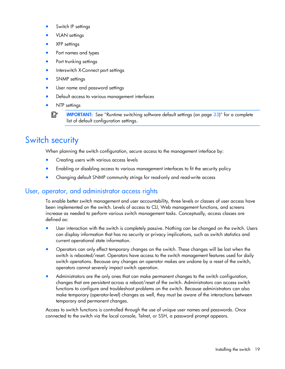 HP Ethernet BL-c manual Switch security, User, operator, and administrator access rights 