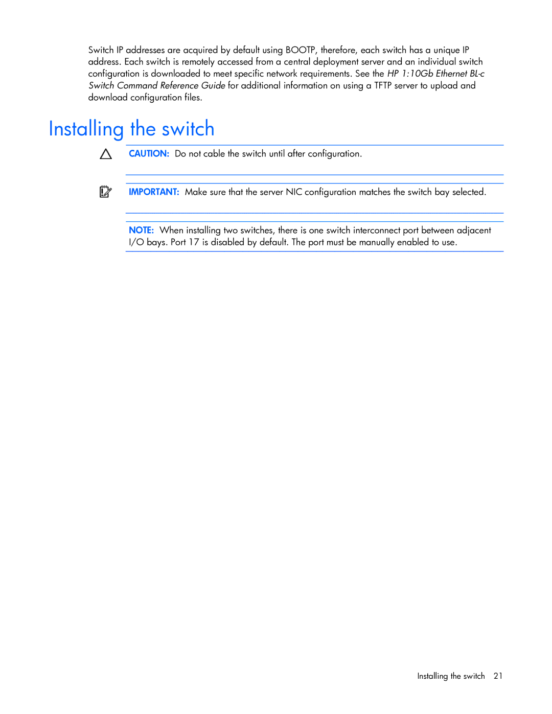 HP Ethernet BL-c manual Installing the switch 