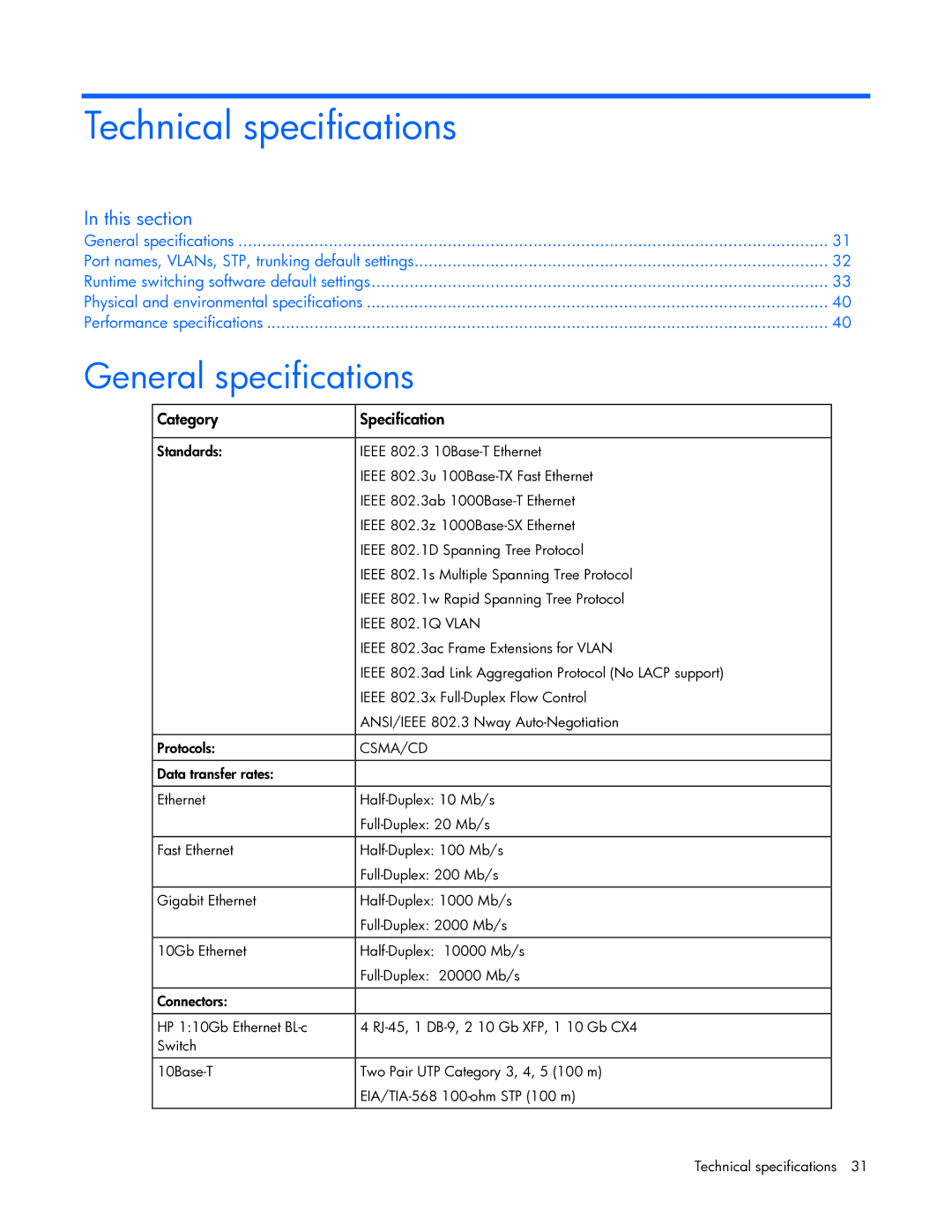 HP Ethernet BL-c manual Technical specifications, General specifications 