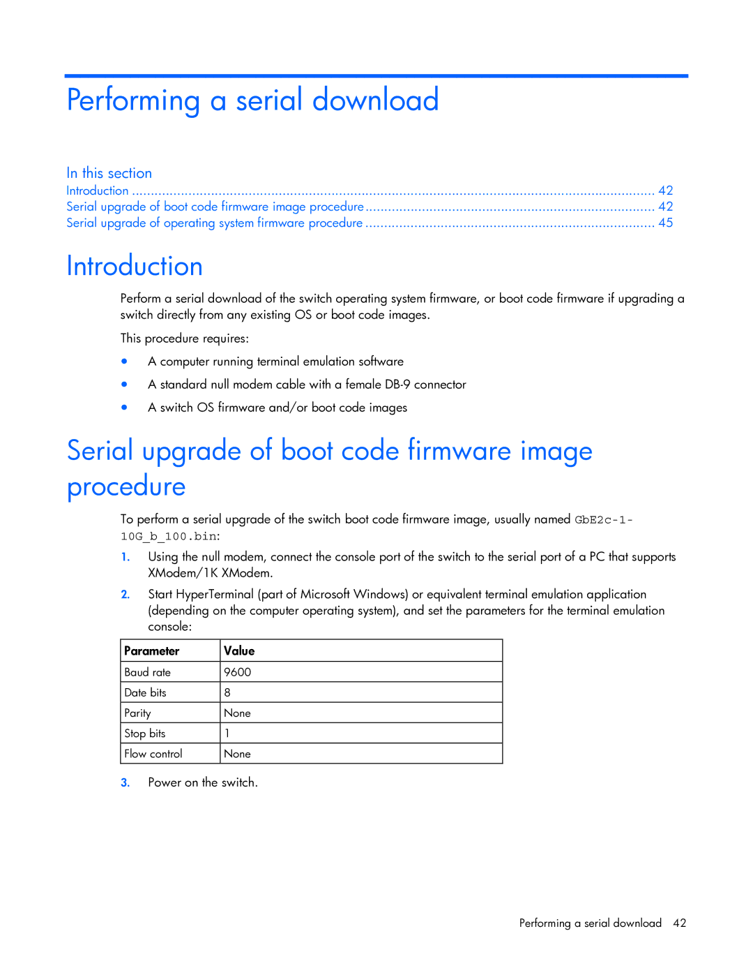 HP Ethernet BL-c manual Performing a serial download, Introduction, Serial upgrade of boot code firmware image procedure 