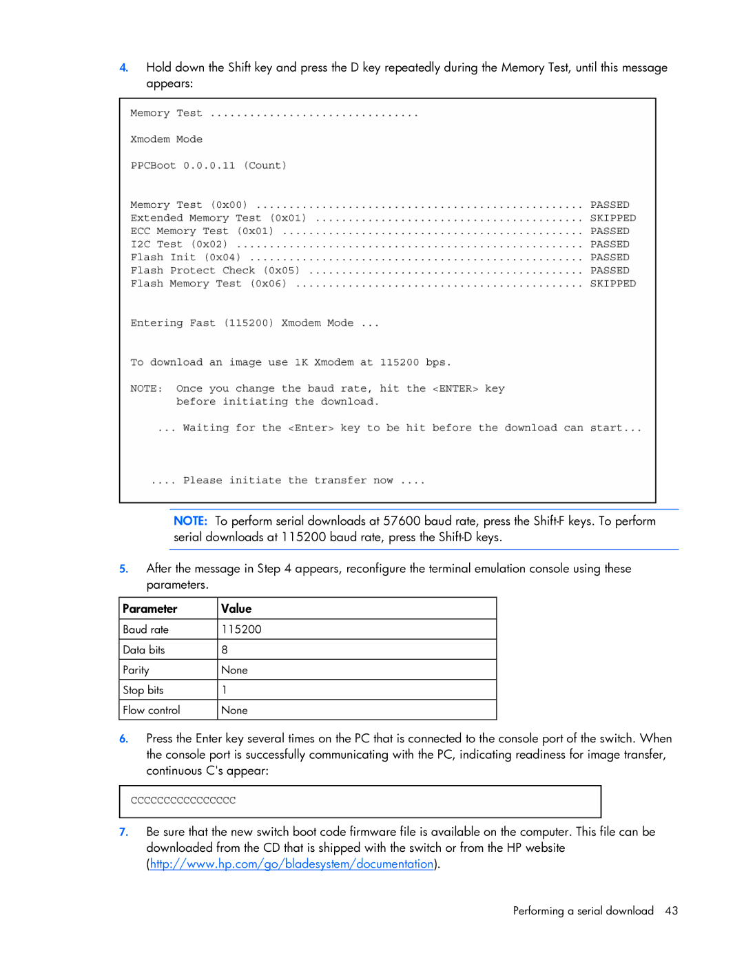 HP Ethernet BL-c manual Performing a serial download 