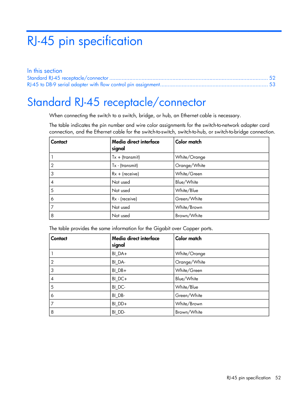 HP Ethernet BL-c manual RJ-45 pin specification, Standard RJ-45 receptacle/connector 