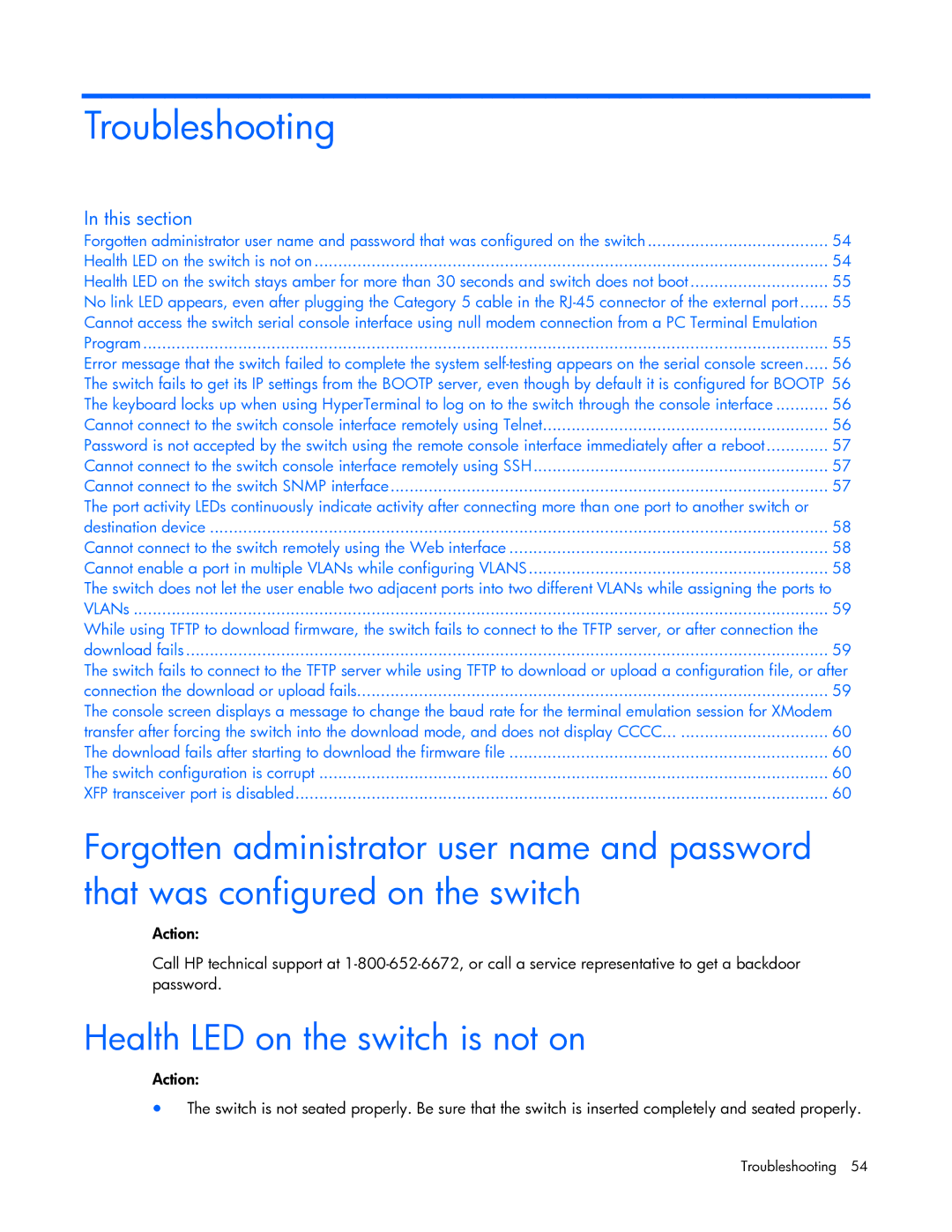 HP Ethernet BL-c manual Troubleshooting, Health LED on the switch is not on 