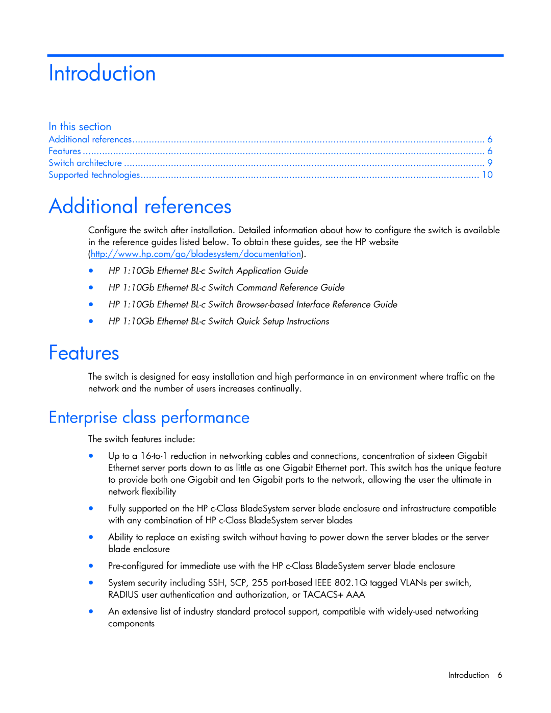 HP Ethernet BL-c manual Introduction, Additional references, Features, Enterprise class performance 