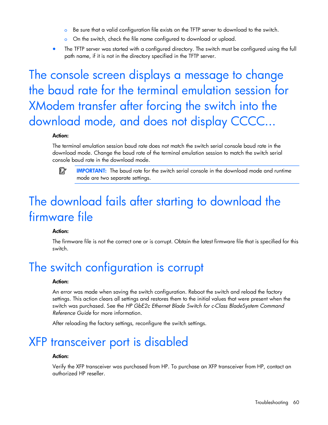 HP Ethernet BL-c manual Download fails after starting to download the firmware file, Switch configuration is corrupt 