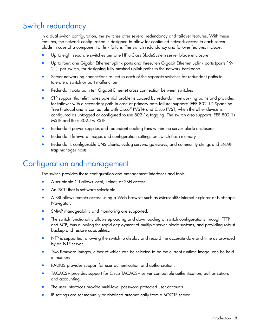 HP Ethernet BL-c manual Switch redundancy, Configuration and management 