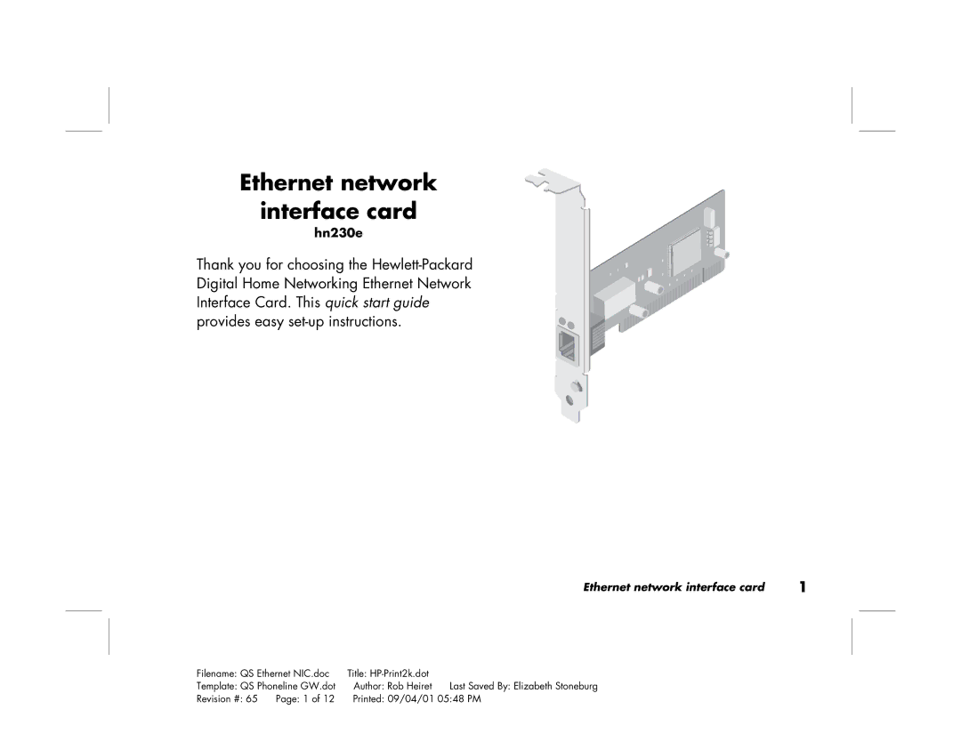 HP Ethernet Network Interface Card hn230e manual Ethernet network Interface card 