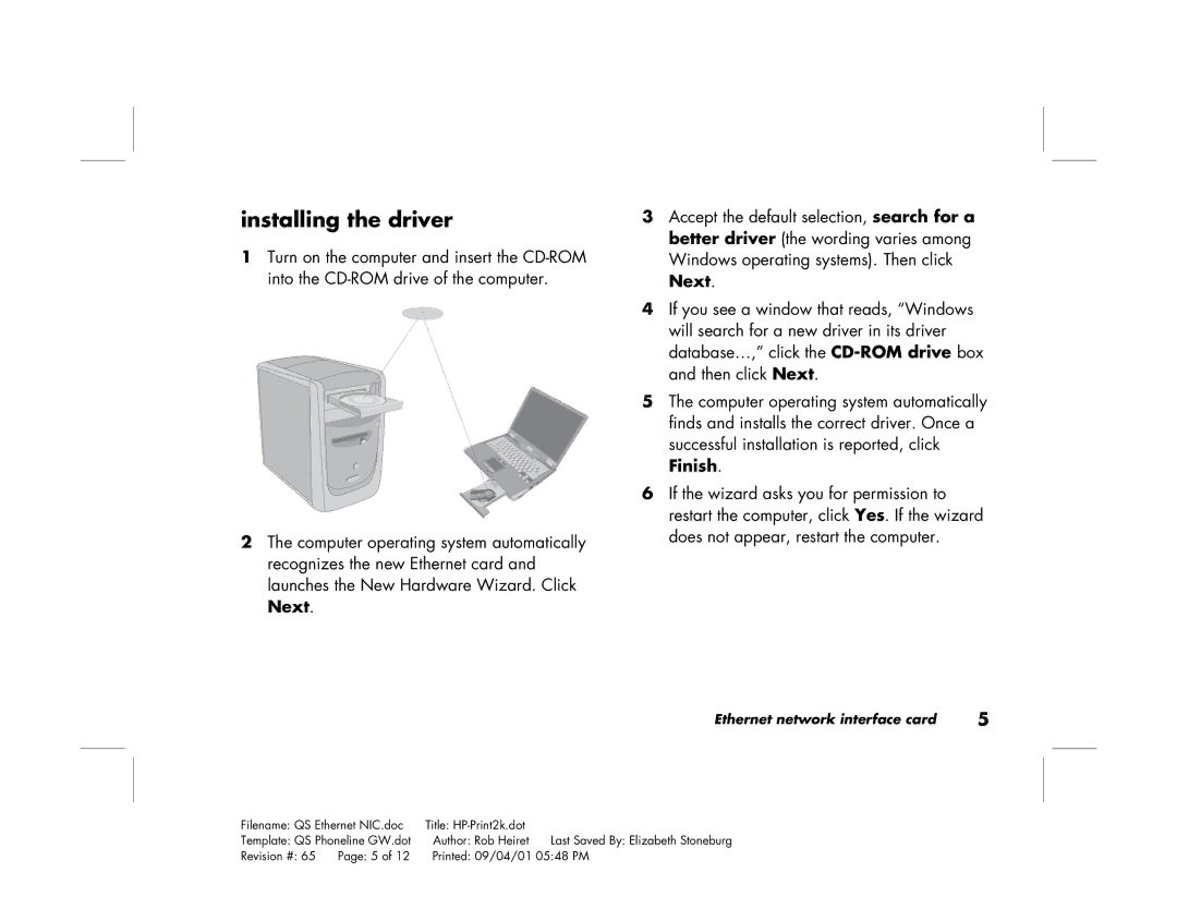 HP Ethernet Network Interface Card hn230e manual Installing the driver 