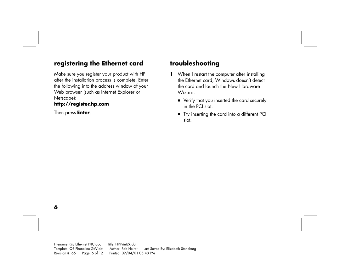 HP Ethernet Network Interface Card hn230e manual Registering the Ethernet card, Troubleshooting 