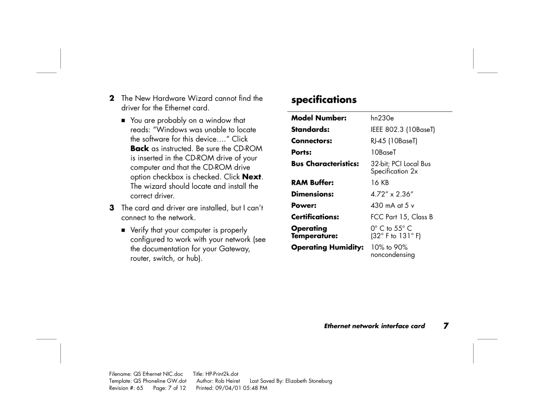 HP Ethernet Network Interface Card hn230e manual Specifications, Operating Humidity 