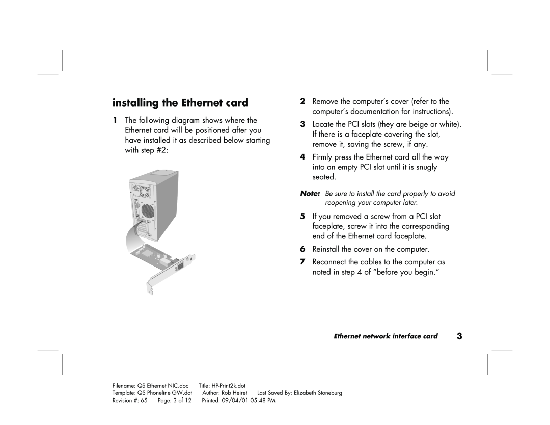 HP Ethernet Network Interface Card hn230e manual installing the Ethernet card 