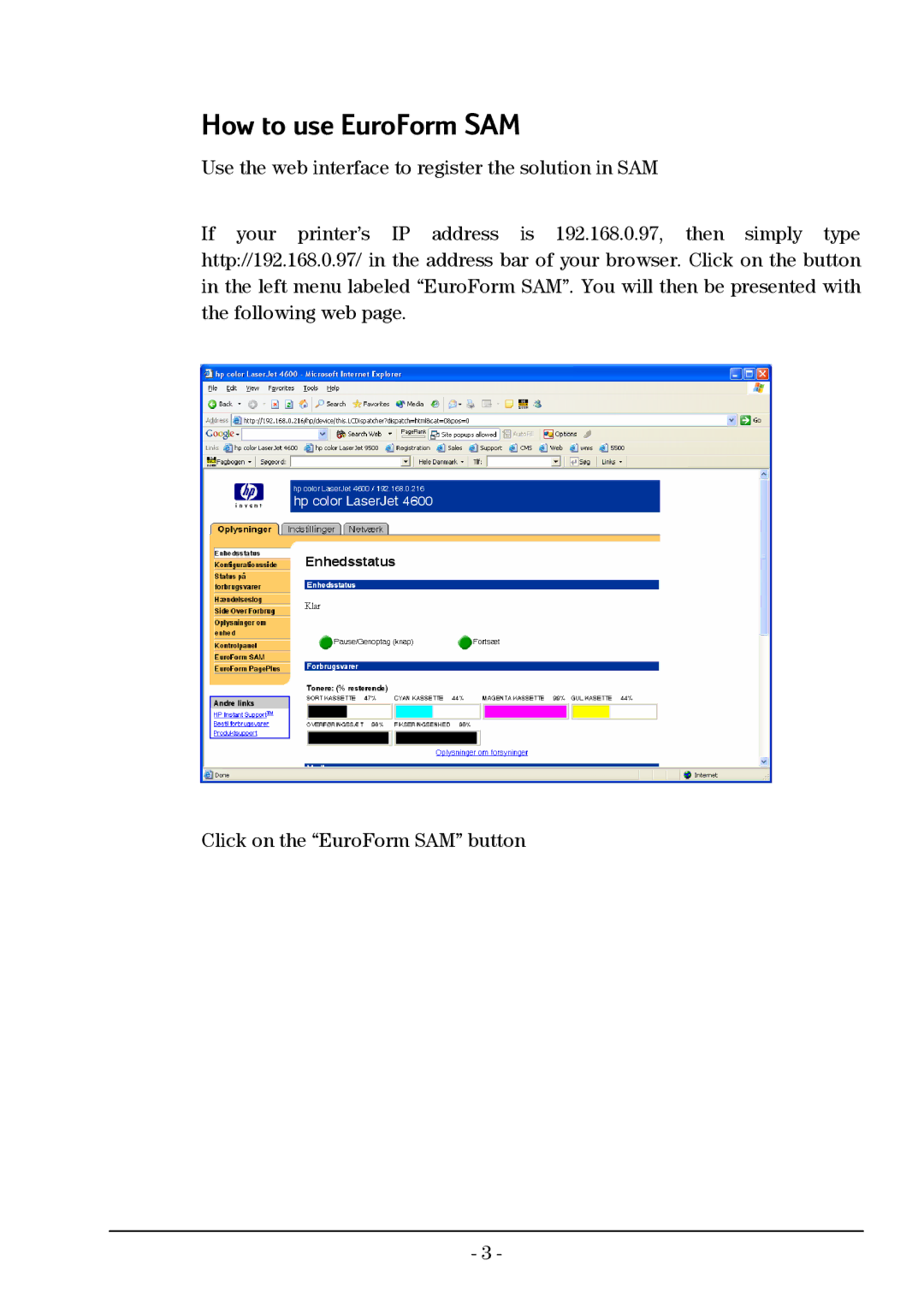 HP manual How to use EuroForm SAM 