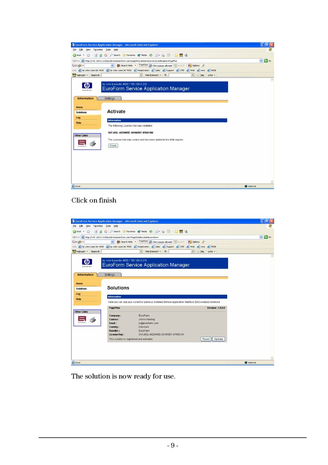 HP EuroForm SAM manual Click on finish Solution is now ready for use 