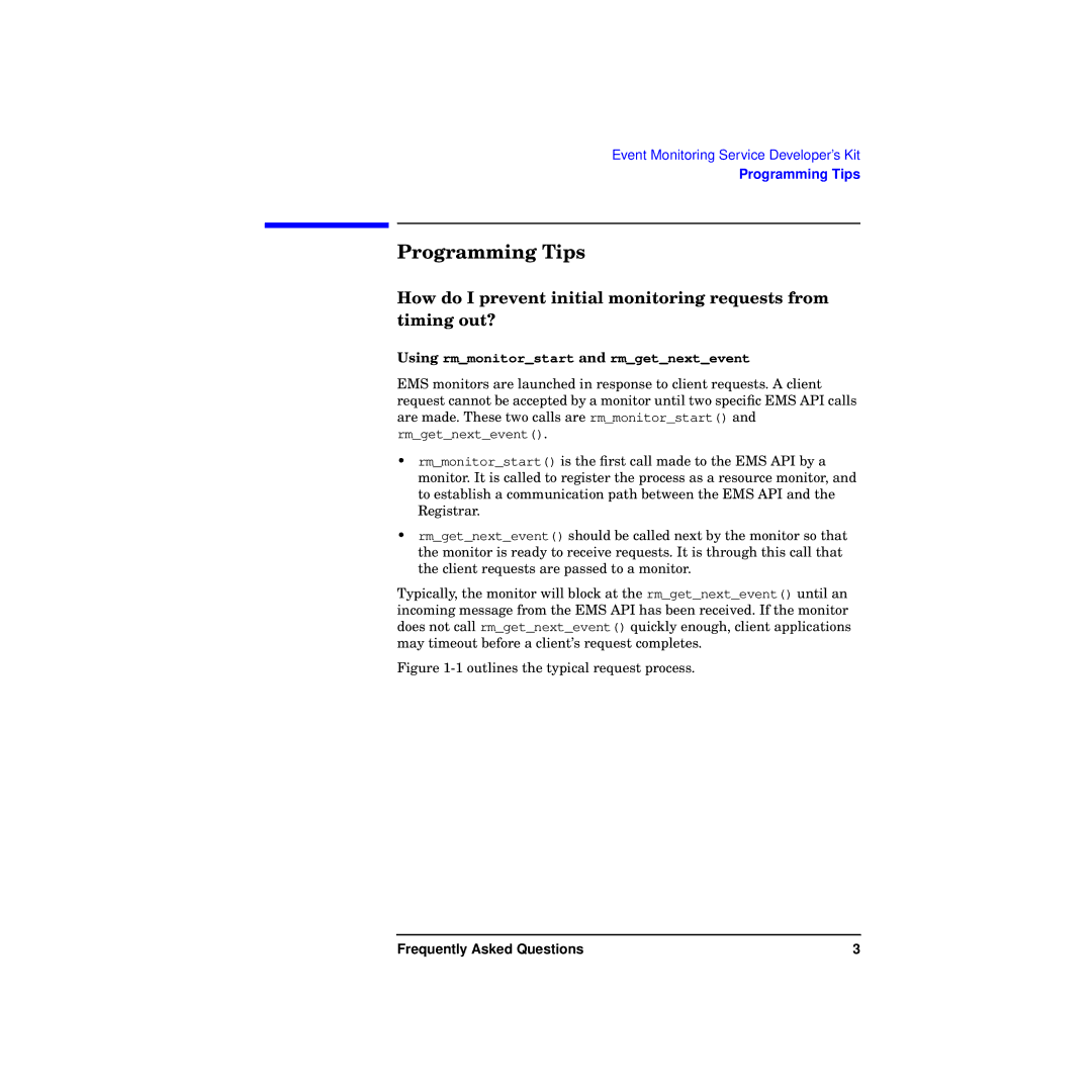 HP Event ing Service manual Programming Tips, Using rmmonitorstart and rmgetnextevent 