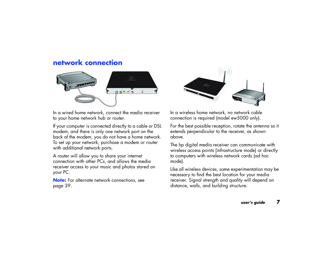 HP EN 5000 Media Receiver, EW 5000 Media Receiver manual Network connection 