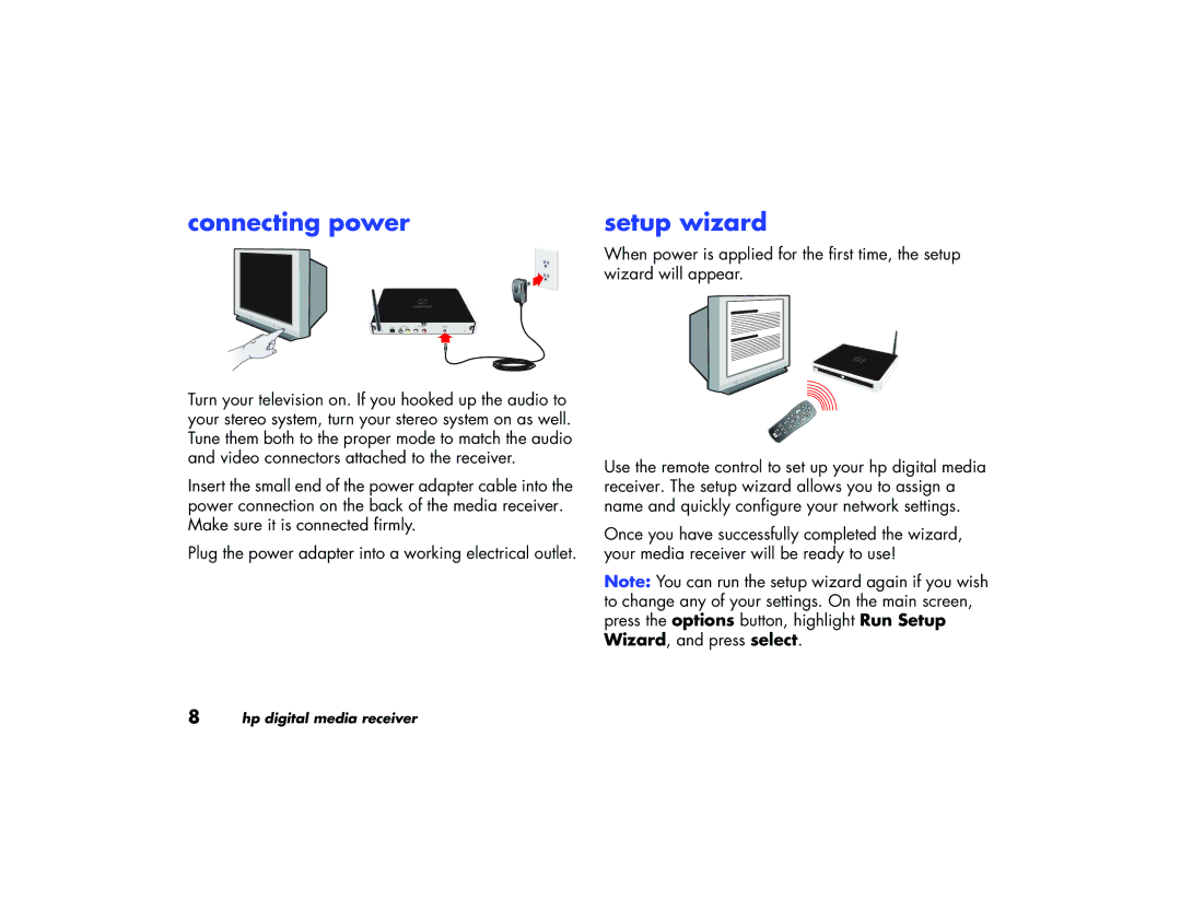 HP EW 5000 Media Receiver, EN 5000 Media Receiver manual Connecting power, Setup wizard 