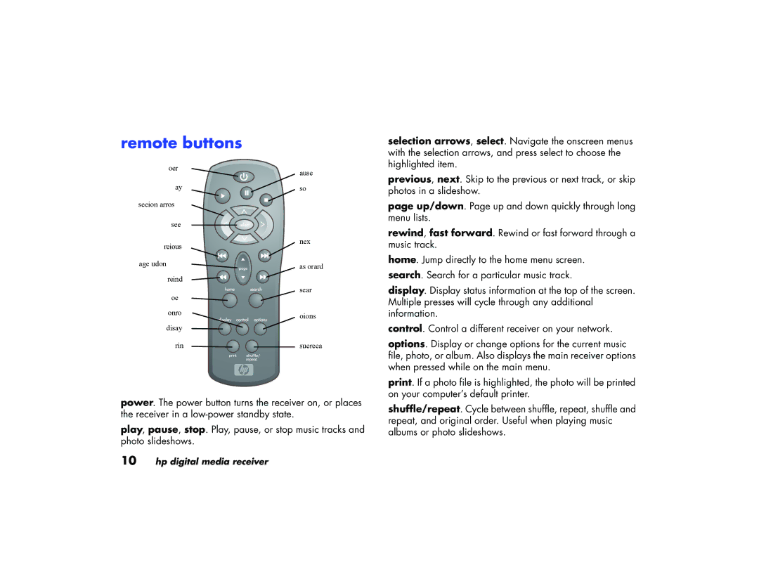 HP EW 5000 Media Receiver, EN 5000 Media Receiver manual Remote buttons 