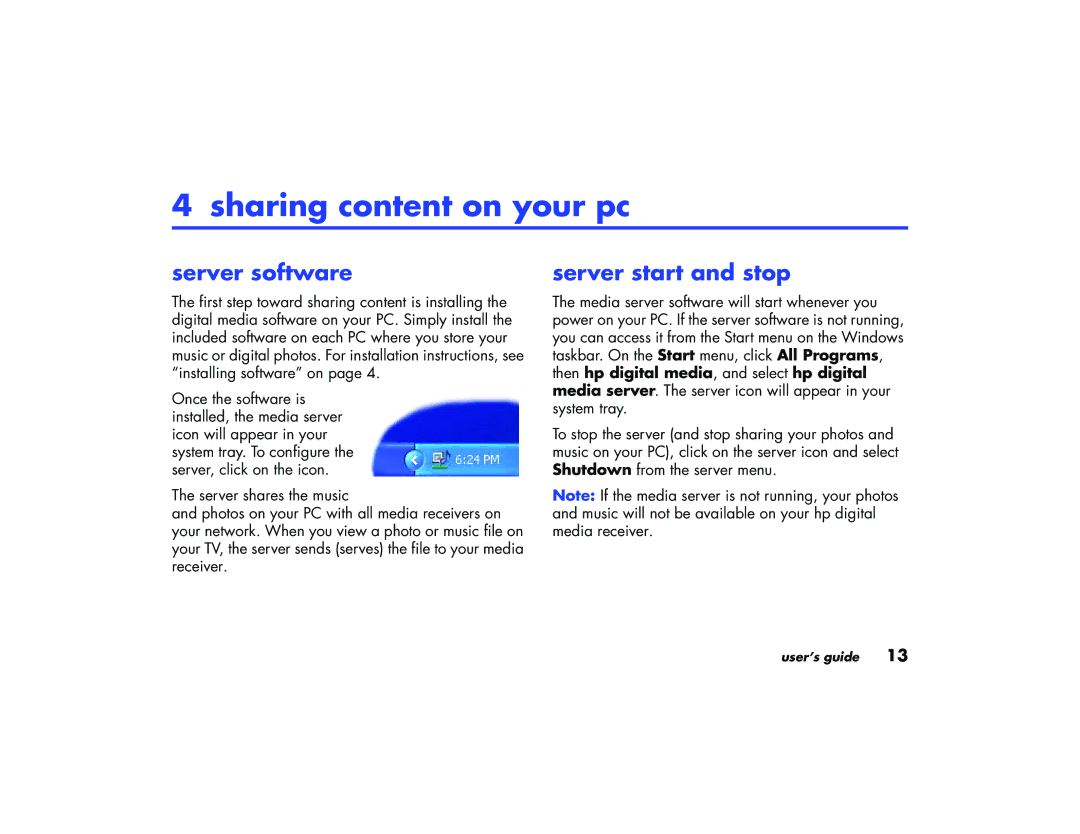 HP EN 5000 Media Receiver, EW 5000 Media Receiver manual Sharing content on your pc, Server software, Server start and stop 