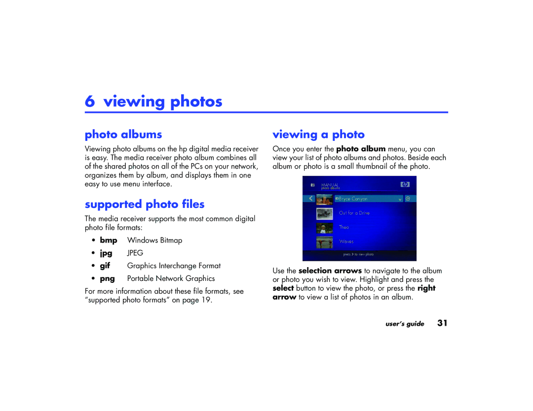 HP EN 5000 Media Receiver manual Viewing photos, Photo albums, Supported photo files, Viewing a photo, Jpg 