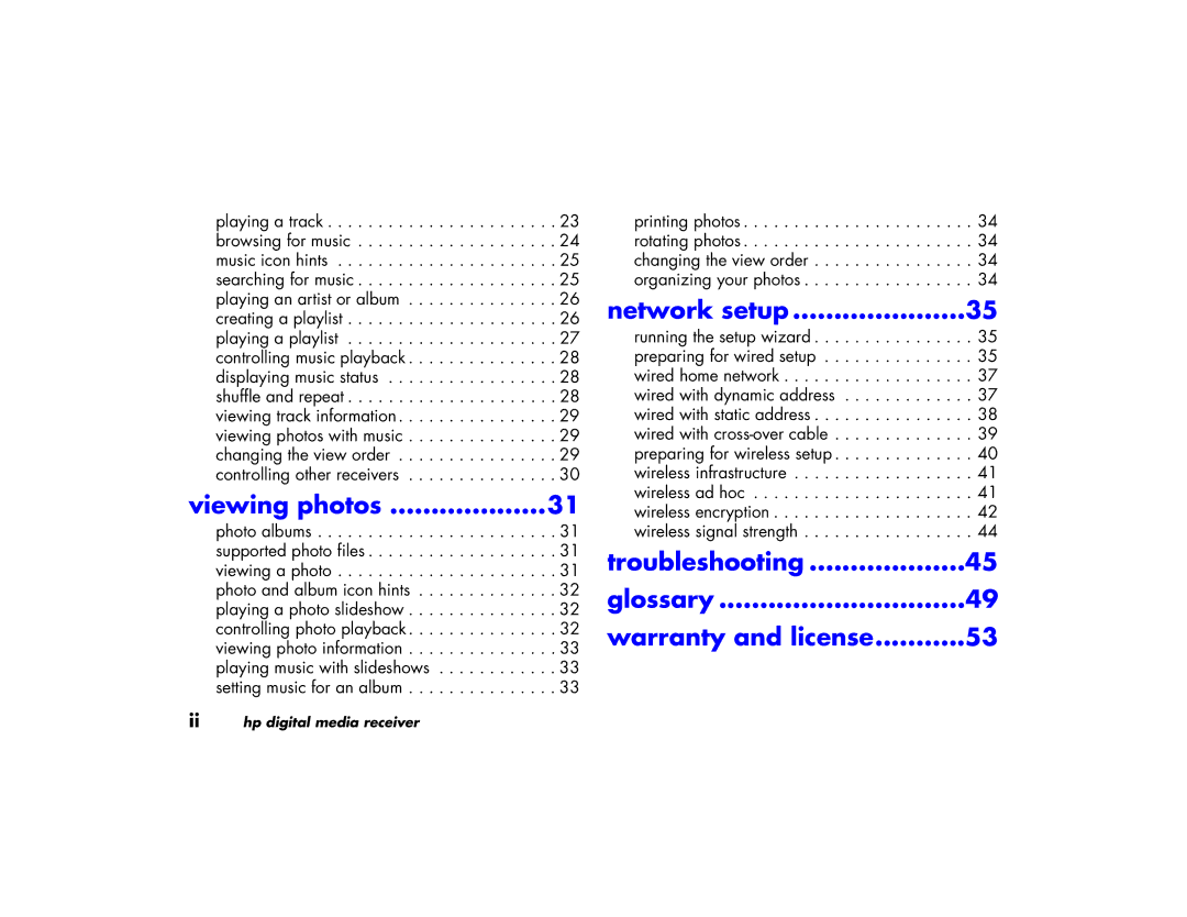 HP EW 5000 Media Receiver manual Viewing photos, Network setup, Troubleshooting Glossary Warranty and license 